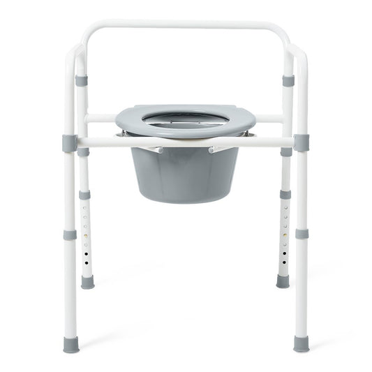 Inodoro plegable 3 en 1 de acero Medline, incluye asiento con tapa, cubo, reposabrazos y protección contra salpicaduras