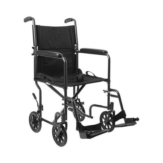 Silla de transporte Mckesson con asiento de 19 pulgadas de ancho y brazos largos con reposapiés abatibles