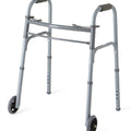 Medline 2-Button Adult Aluminum Folding Walker with 5" Wheels 300 lb WT Capacity