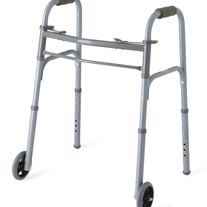 Medline 2-Button Adult Aluminum Folding Walker with 5" Wheels 300 lb WT Capacity