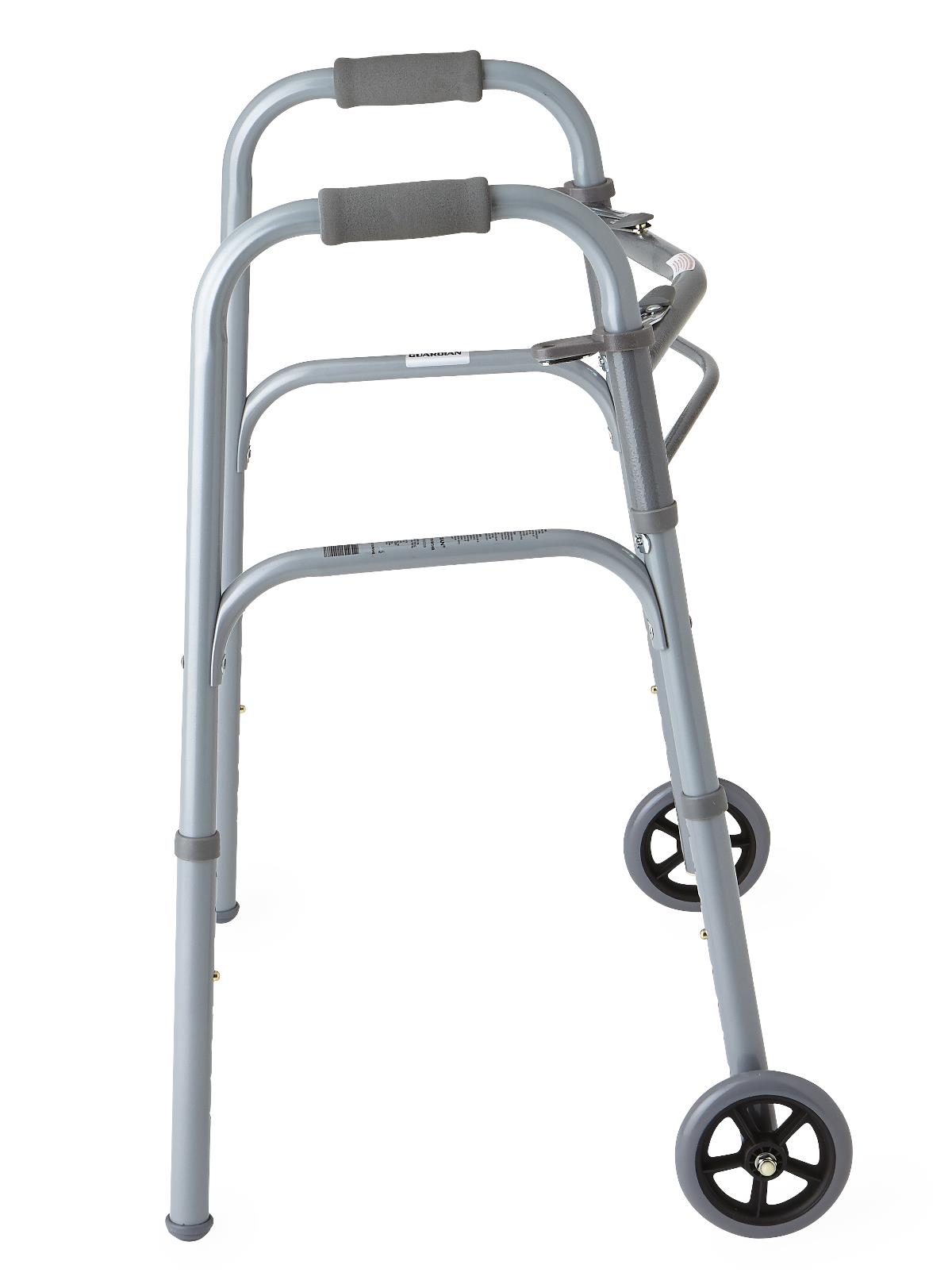 Medline 2-Button Adult Aluminum Folding Walker with 5" Wheels 300 lb WT Capacity