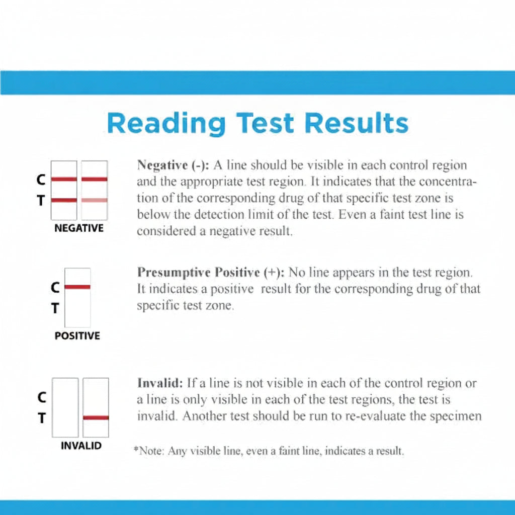 An informational graphic from Preferred Med Supply titled 'Reading Test Results,' showing examples of negative, presumptive positive, and invalid test result interpretations with labeled control and test regions.