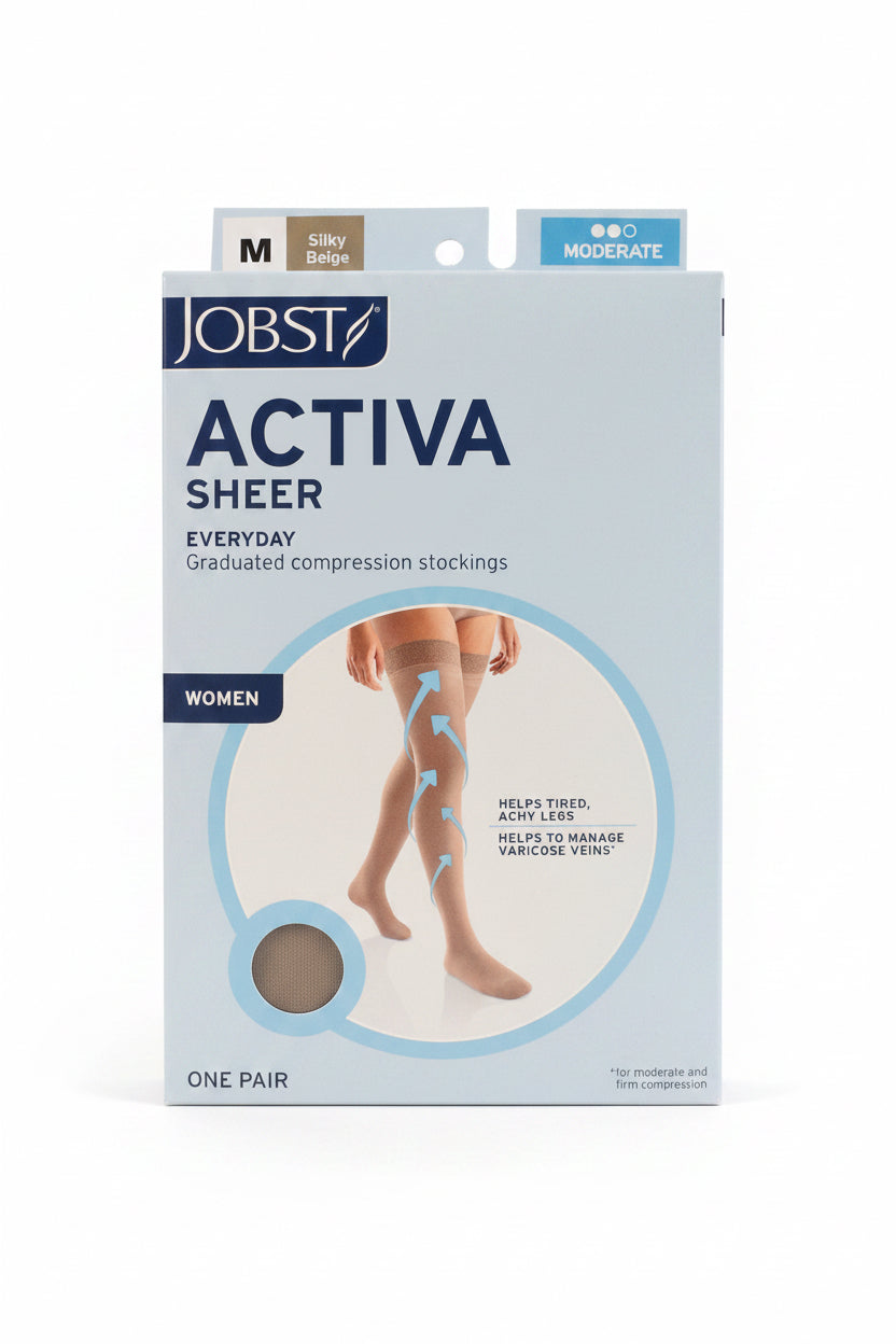 Jobst Activa Sheer Everyday graduated compression stockings packaging for women, size M, shown on a clean white background.