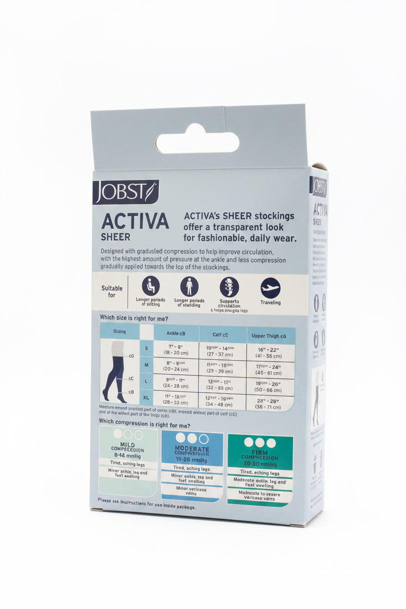 Jobst Activas Sheer compression stockings packaging box, showing product details, sizing tables, and fit guidelines on a white background.