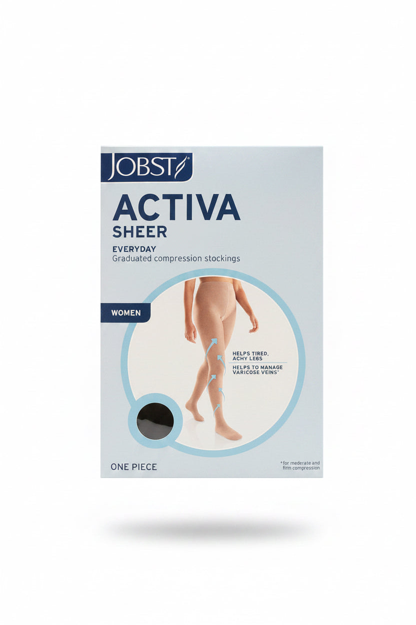 Jobst Active Sheer graduated compression stockings packaging for women, featuring a light blue and white box with a graphic of a leg wearing the sheer stocking.
