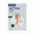 Jobst Active Sheer graduated compression stockings packaging for women, featuring a light blue and white box with a graphic of a leg wearing the sheer stocking.