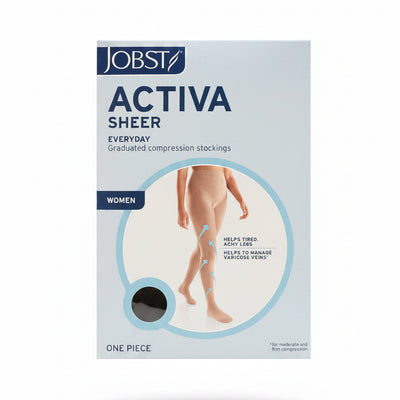 Jobst Active Sheer graduated compression stockings packaging for women, featuring a light blue and white box with a graphic of a leg wearing the sheer stocking.