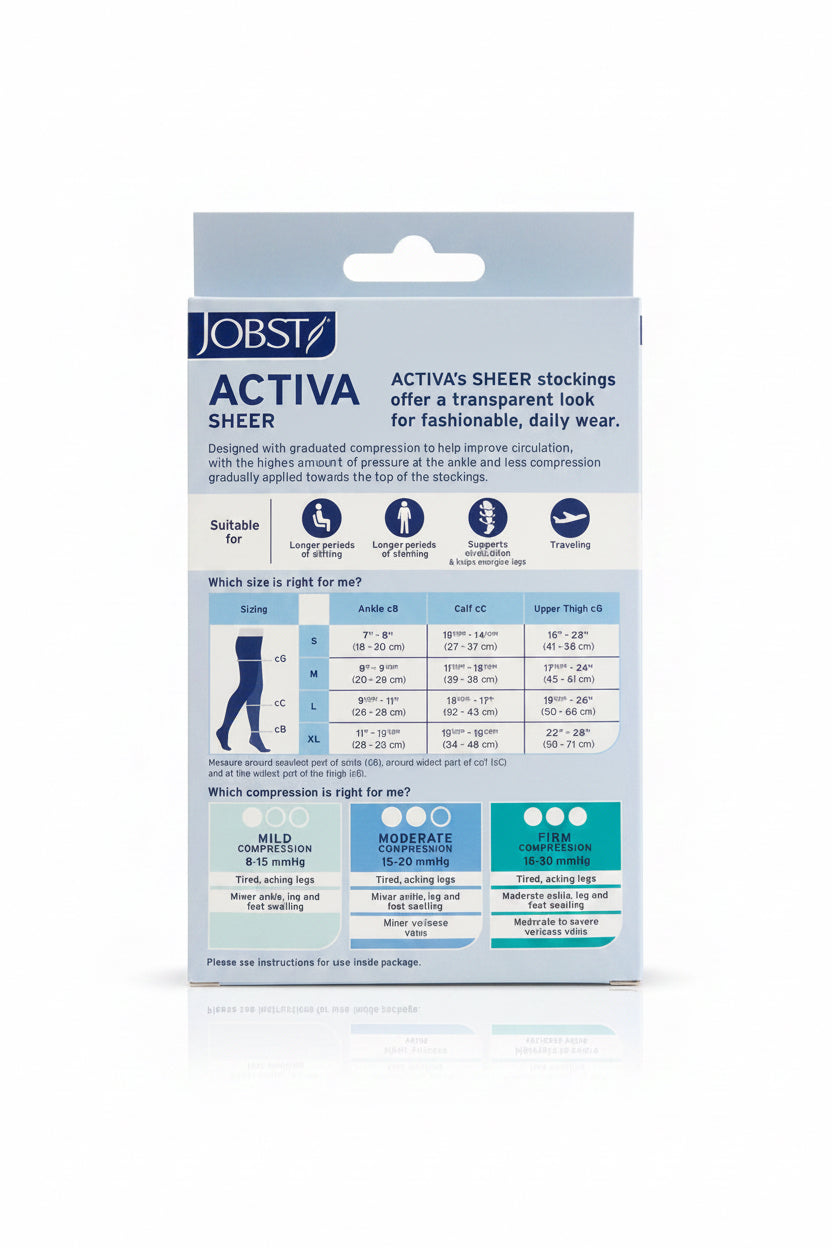 Jobst Active Sheer Stockings packaging card showing product information, sizing chart, and fit guidance on a white background.