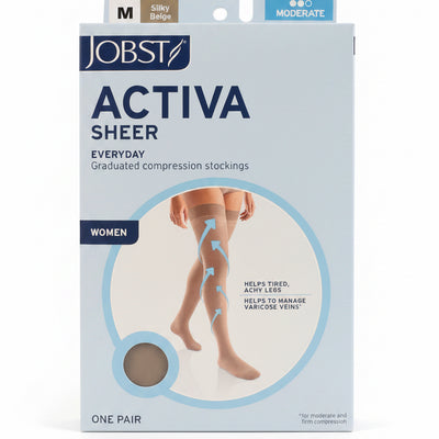 Jobst Activa Sheer Everyday graduated compression stockings packaging for women, size M, shown on a clean white background.